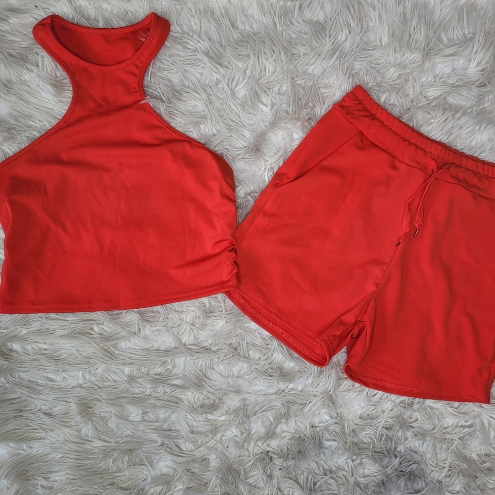 Marysol.Boutique Shorts Set Red Sleeveless High Waisted Drawstring Women's - Picture 2 of 8